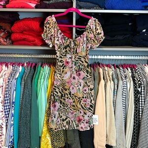 ASOS Design tan/black leopard and pink flower print short sleeve dress size 4